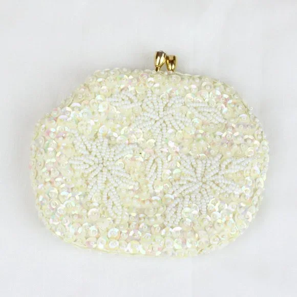 Vintage Beaded Coin Purse Walborg Change Wallet Kiss Clasp Sequins White PU60 - Picture 1 of 6